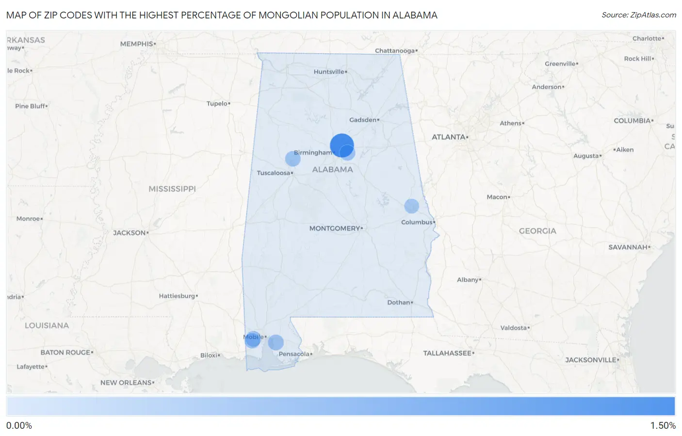 Zip Codes with the Highest Percentage of Mongolian Population in Alabama Map