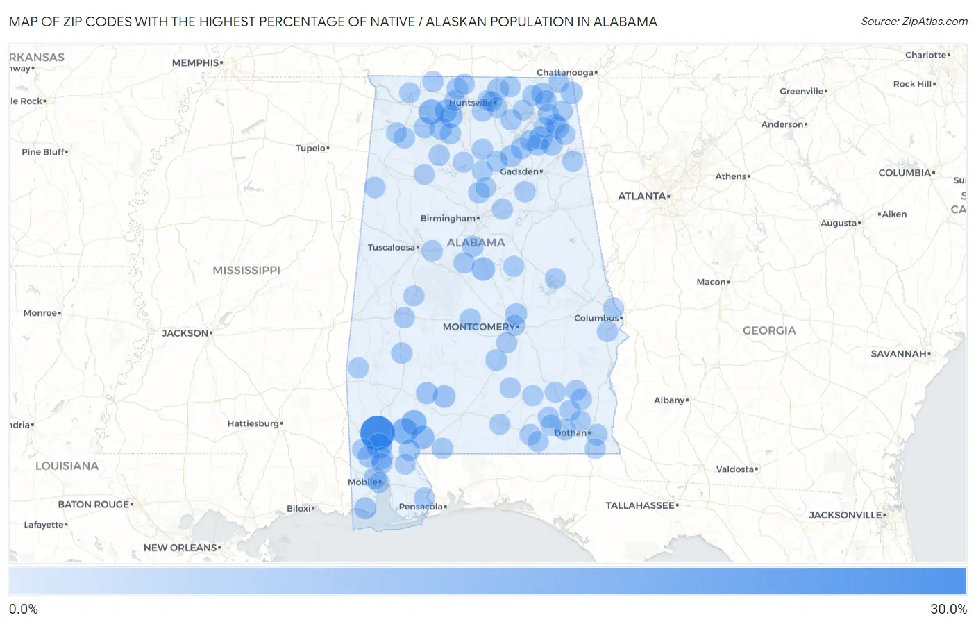 Zip Codes with the Highest Percentage of Native / Alaskan Population in Alabama Map