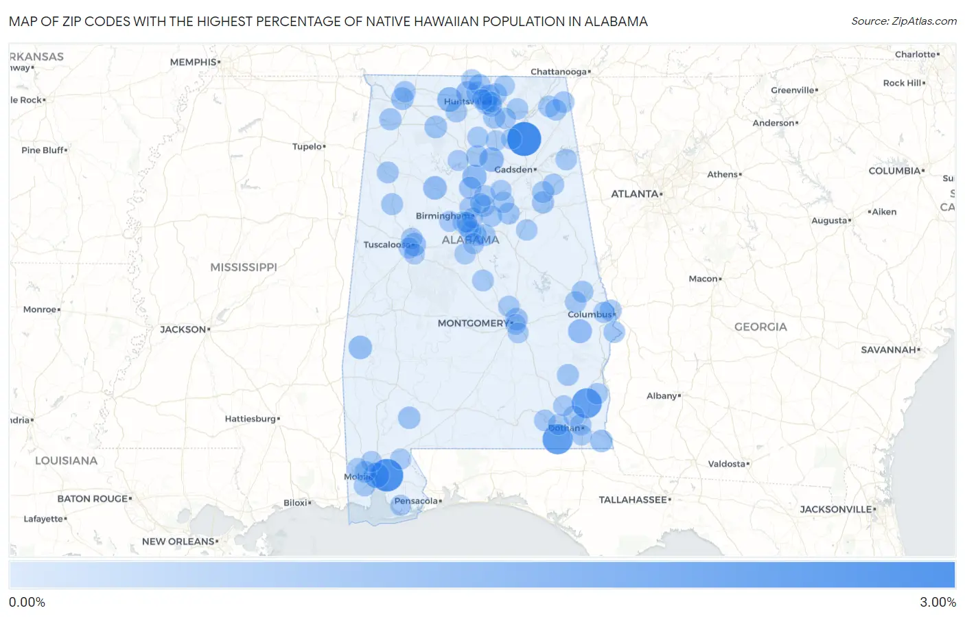 Zip Codes with the Highest Percentage of Native Hawaiian Population in Alabama Map