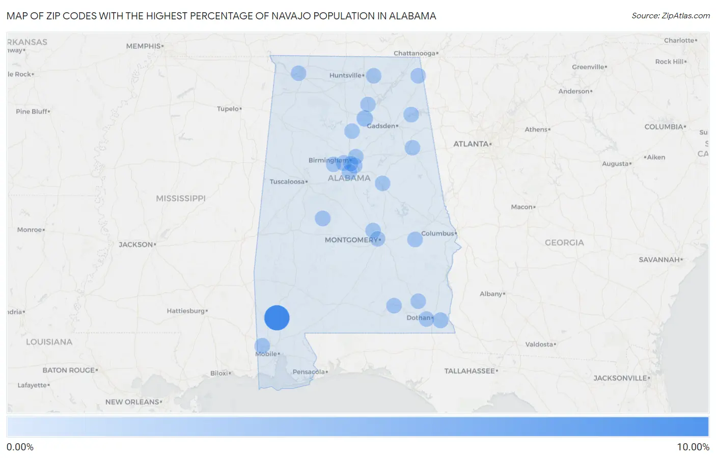 Zip Codes with the Highest Percentage of Navajo Population in Alabama Map