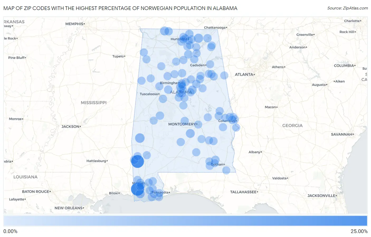 Zip Codes with the Highest Percentage of Norwegian Population in Alabama Map