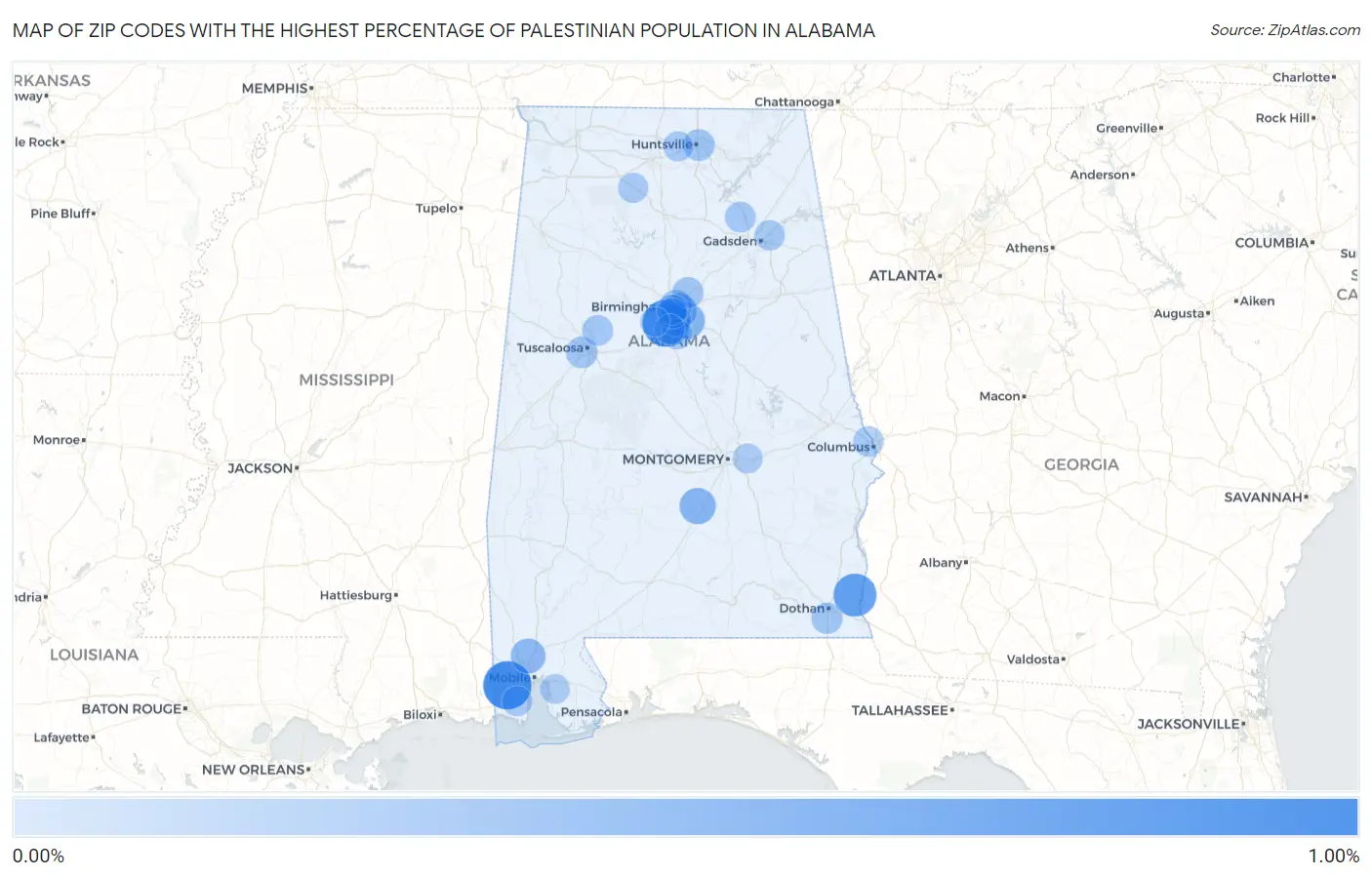 Zip Codes with the Highest Percentage of Palestinian Population in Alabama Map