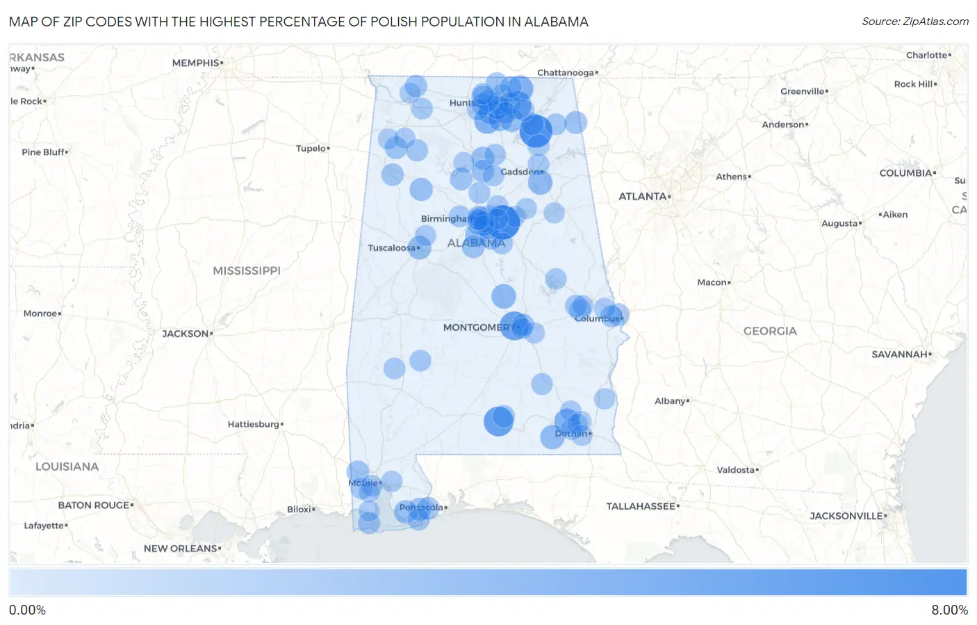 Zip Codes with the Highest Percentage of Polish Population in Alabama Map