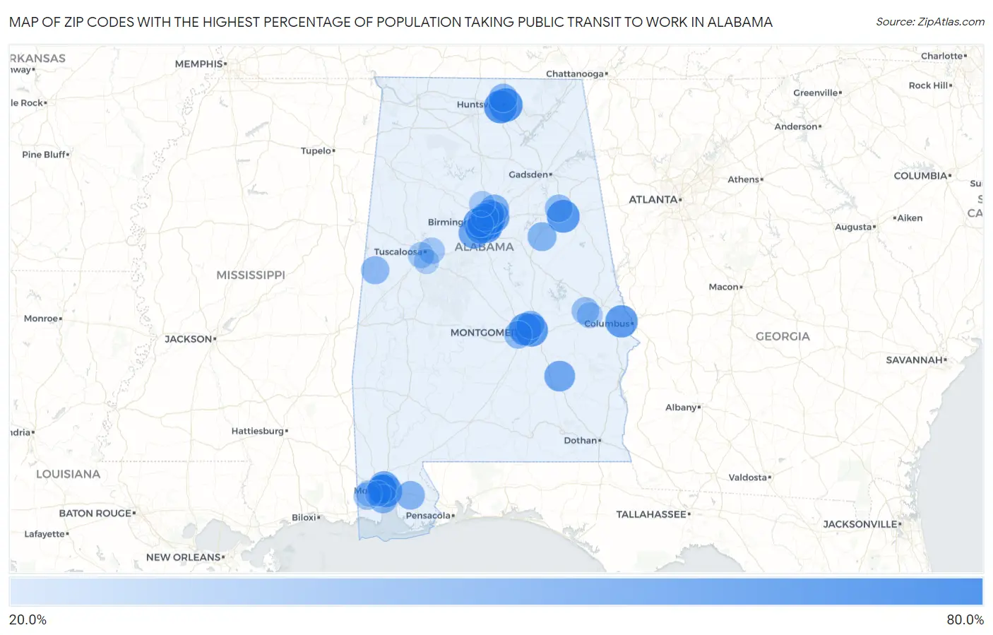 Zip Codes with the Highest Percentage of Population Taking Public Transit to Work in Alabama Map
