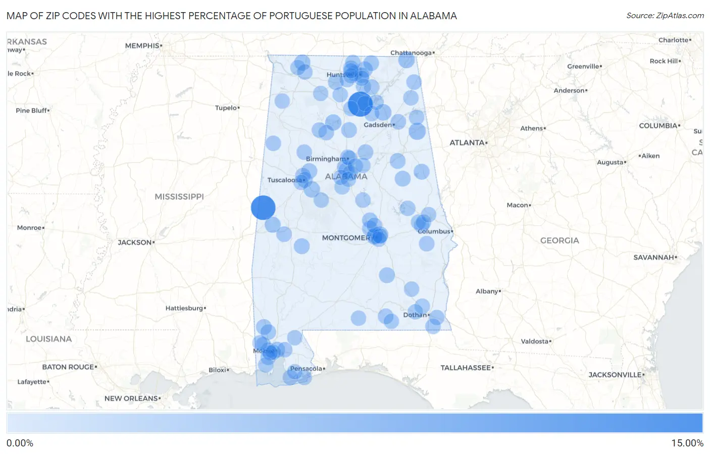 Zip Codes with the Highest Percentage of Portuguese Population in Alabama Map