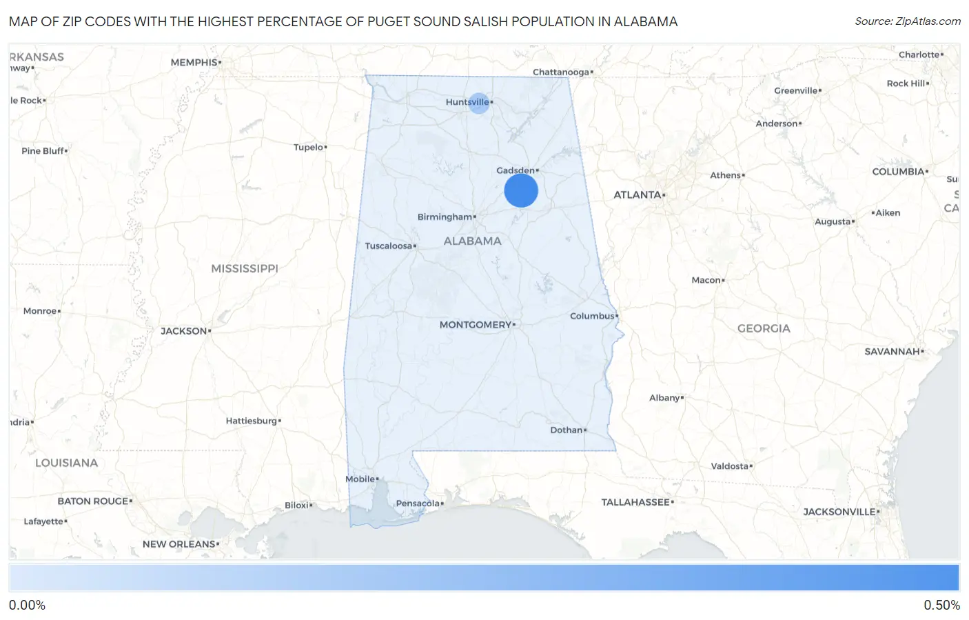 Zip Codes with the Highest Percentage of Puget Sound Salish Population in Alabama Map
