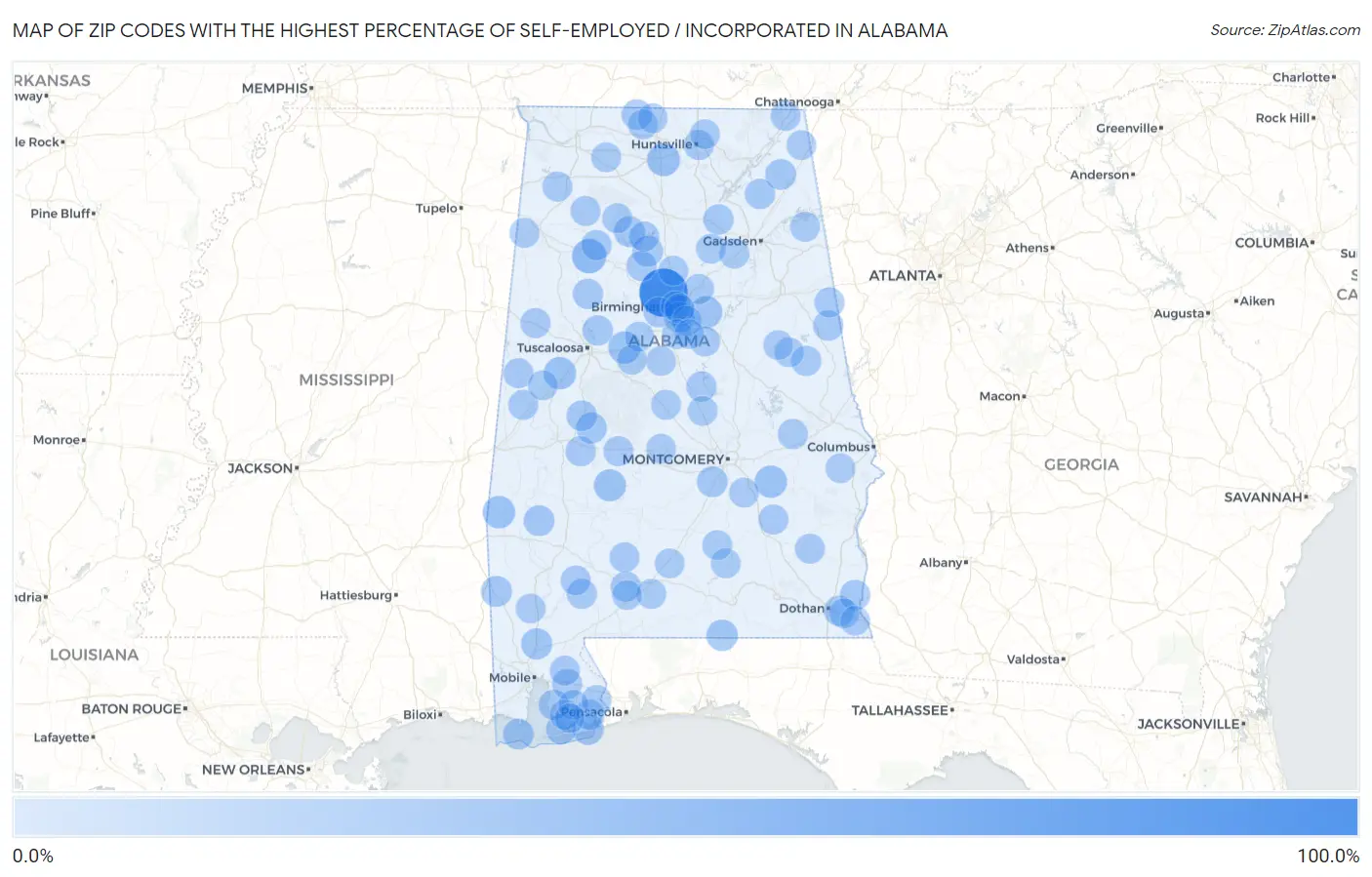 Zip Codes with the Highest Percentage of Self-Employed / Incorporated in Alabama Map