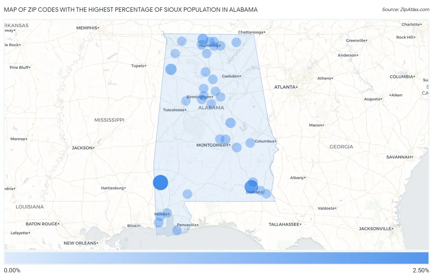 Zip Codes with the Highest Percentage of Sioux Population in Alabama Map