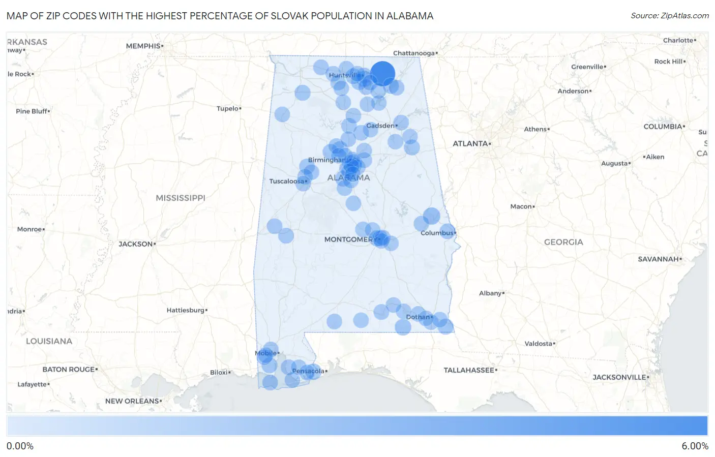 Zip Codes with the Highest Percentage of Slovak Population in Alabama Map