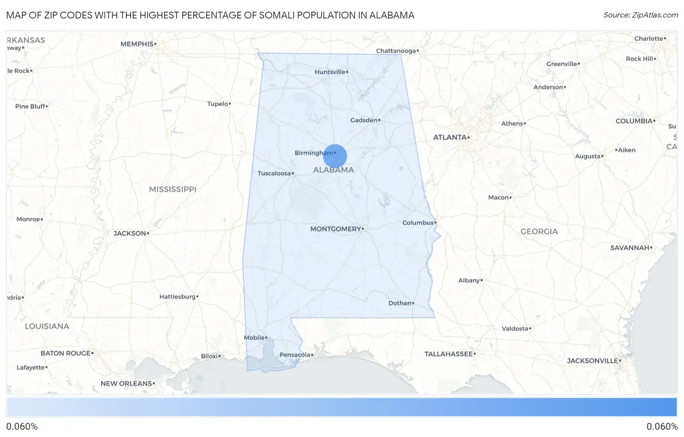 Zip Codes with the Highest Percentage of Somali Population in Alabama Map