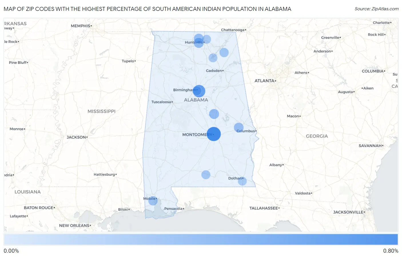 Zip Codes with the Highest Percentage of South American Indian Population in Alabama Map
