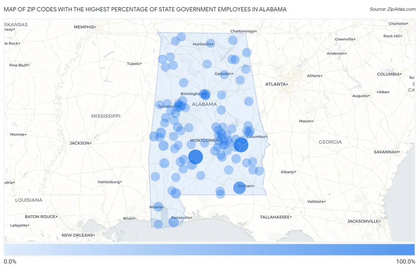 Zip Codes with the Highest Percentage of State Government Employees in Alabama Map