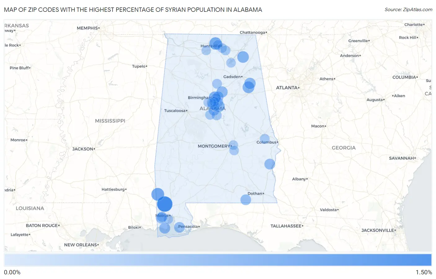 Zip Codes with the Highest Percentage of Syrian Population in Alabama Map