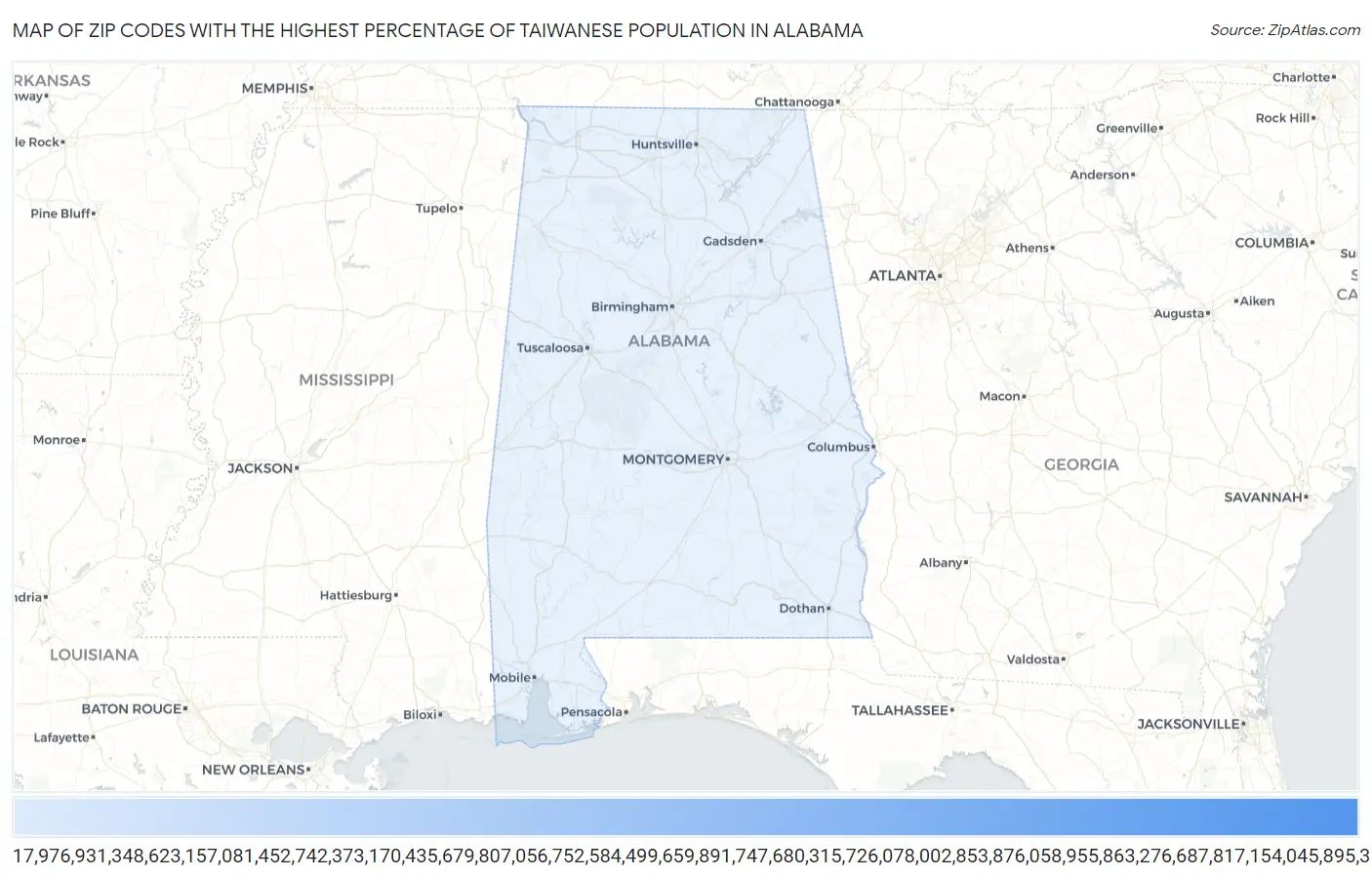 Zip Codes with the Highest Percentage of Taiwanese Population in Alabama Map