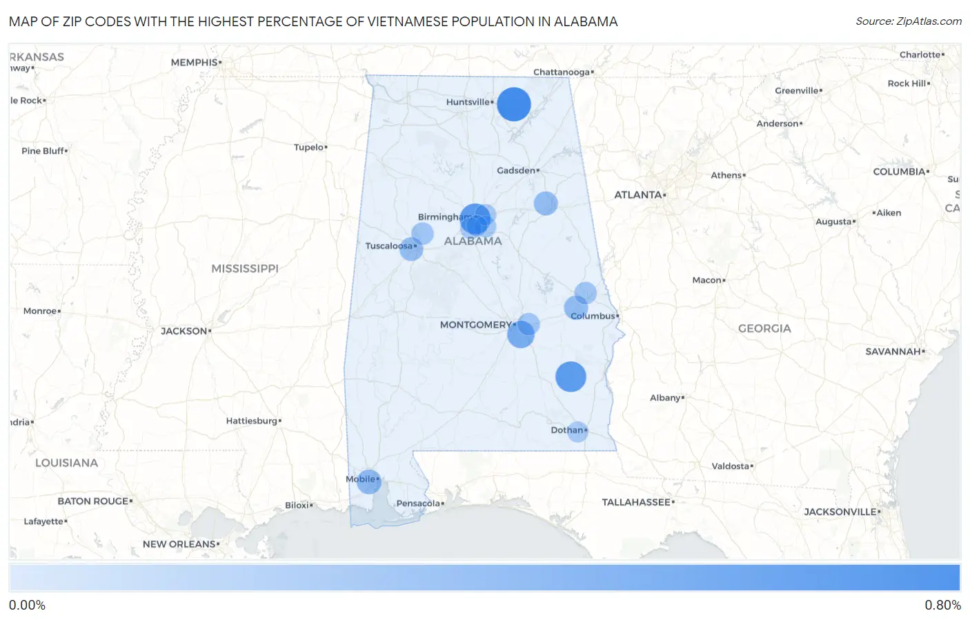 Zip Codes with the Highest Percentage of Vietnamese Population in Alabama Map