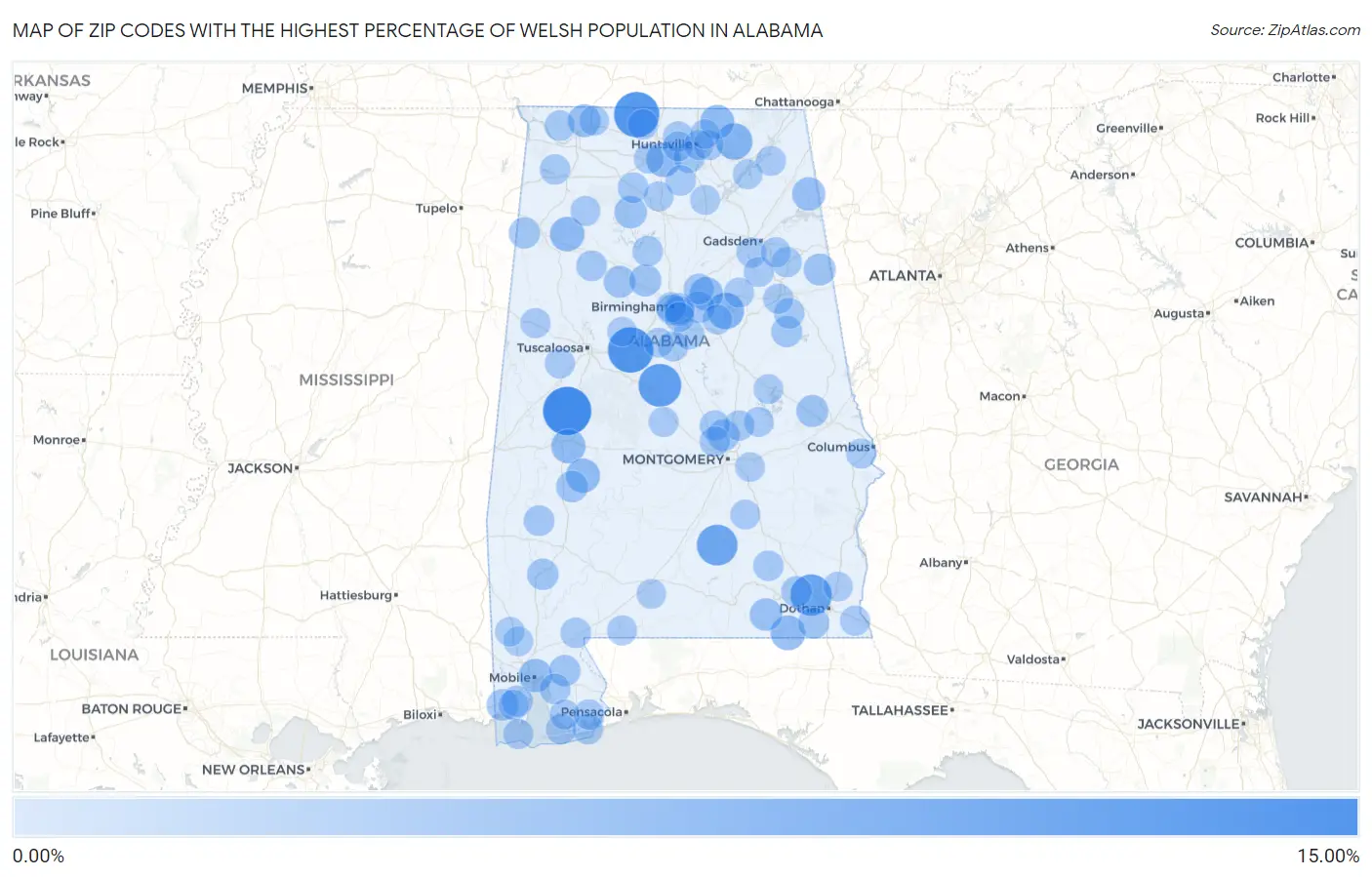 Zip Codes with the Highest Percentage of Welsh Population in Alabama Map