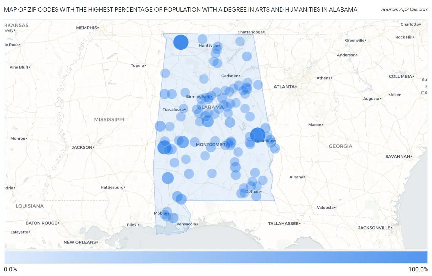 Zip Codes with the Highest Percentage of Population with a Degree in Arts and Humanities in Alabama Map