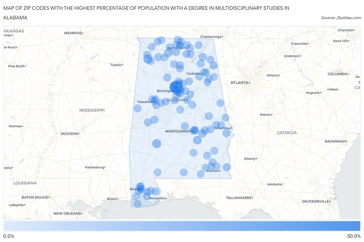 Zip Codes with the Highest Percentage of Population with a Degree in Multidisciplinary Studies in Alabama Map