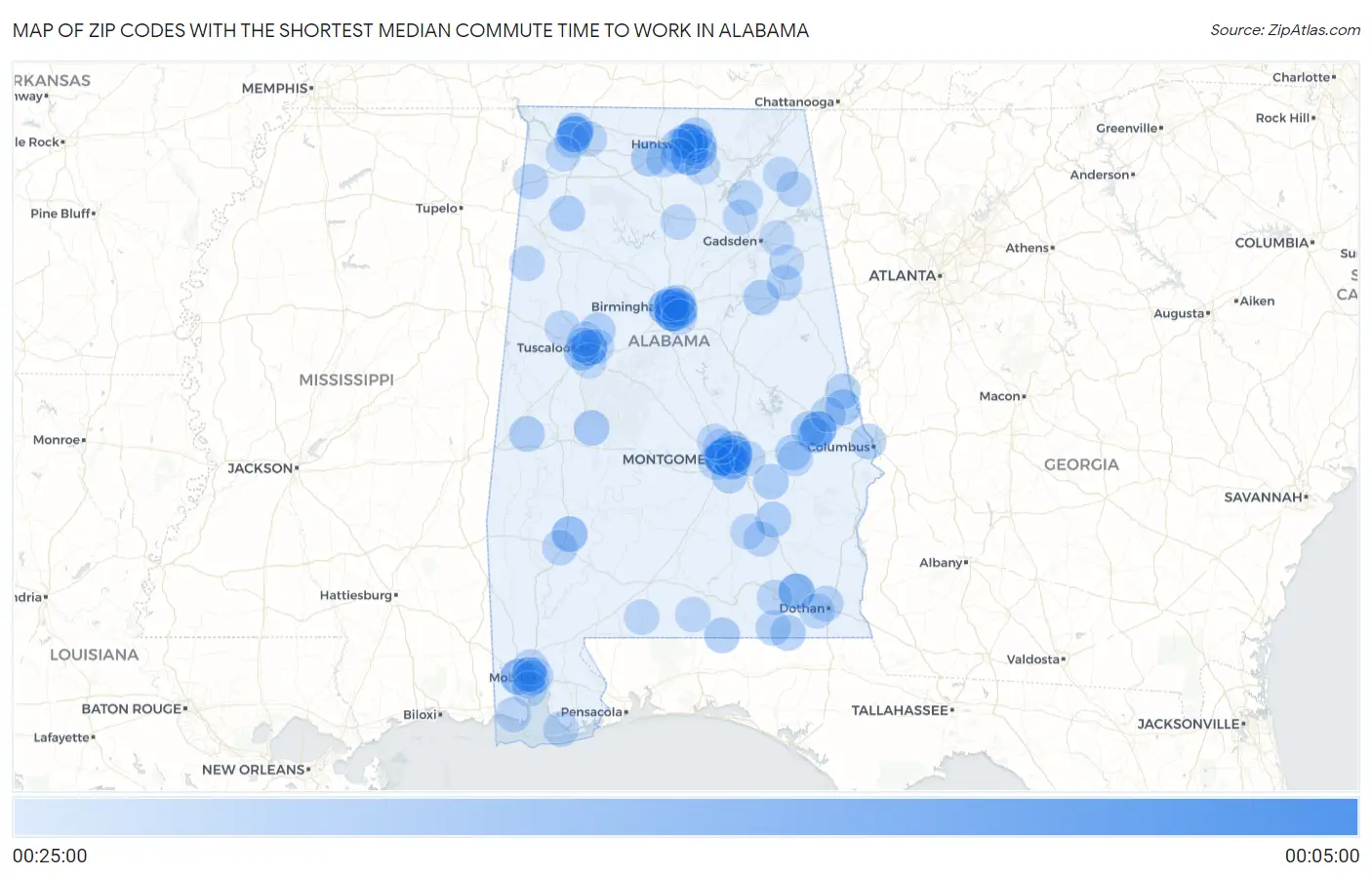 Zip Codes with the Shortest Median Commute Time to Work in Alabama Map