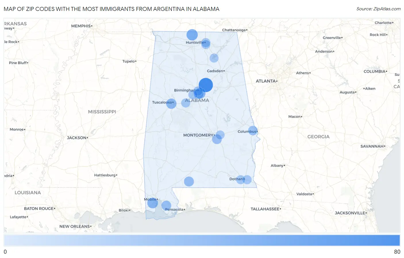 Zip Codes with the Most Immigrants from Argentina in Alabama Map