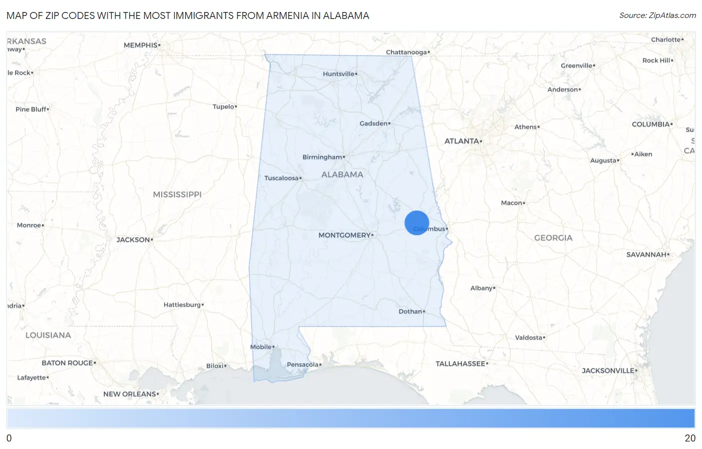 Zip Codes with the Most Immigrants from Armenia in Alabama Map