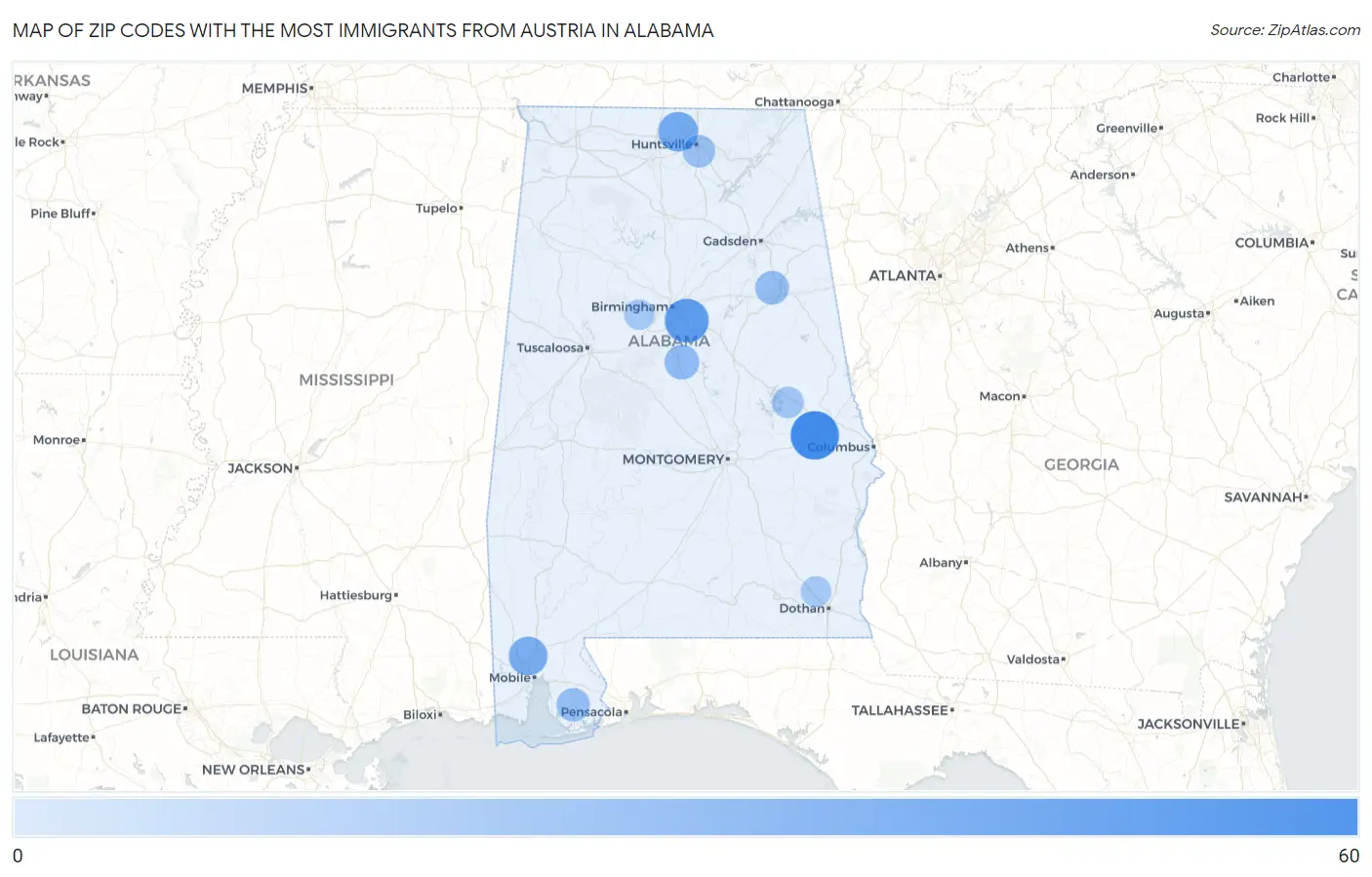 Zip Codes with the Most Immigrants from Austria in Alabama Map