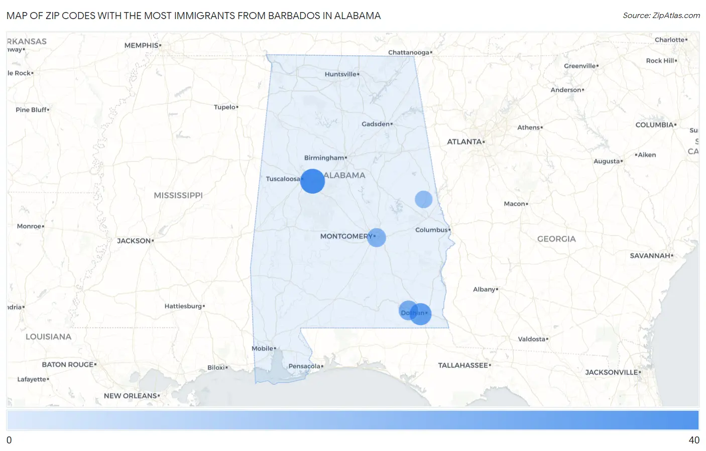 Zip Codes with the Most Immigrants from Barbados in Alabama Map