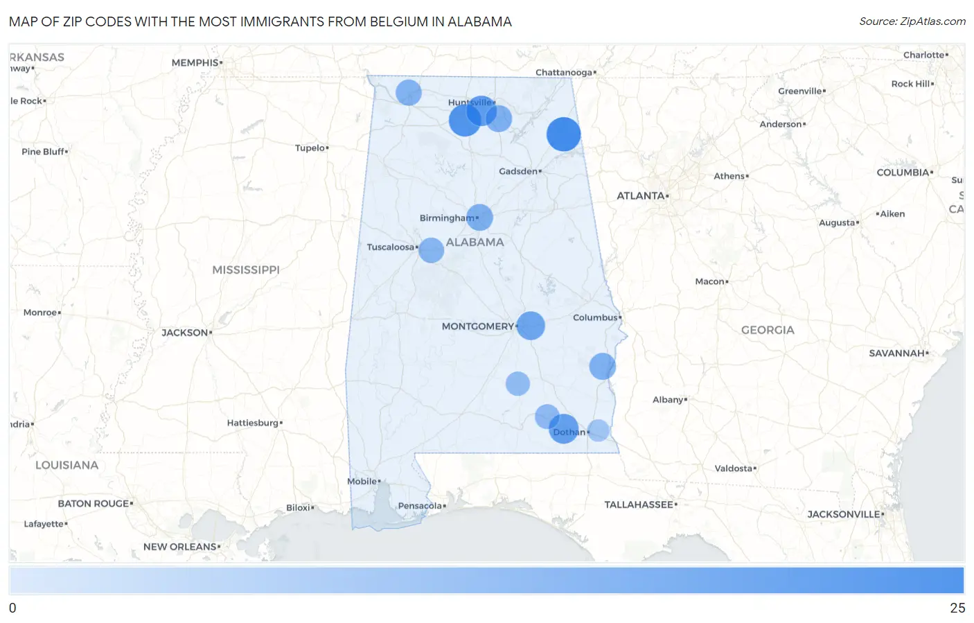 Zip Codes with the Most Immigrants from Belgium in Alabama Map