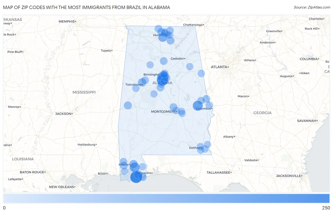 Zip Codes with the Most Immigrants from Brazil in Alabama Map