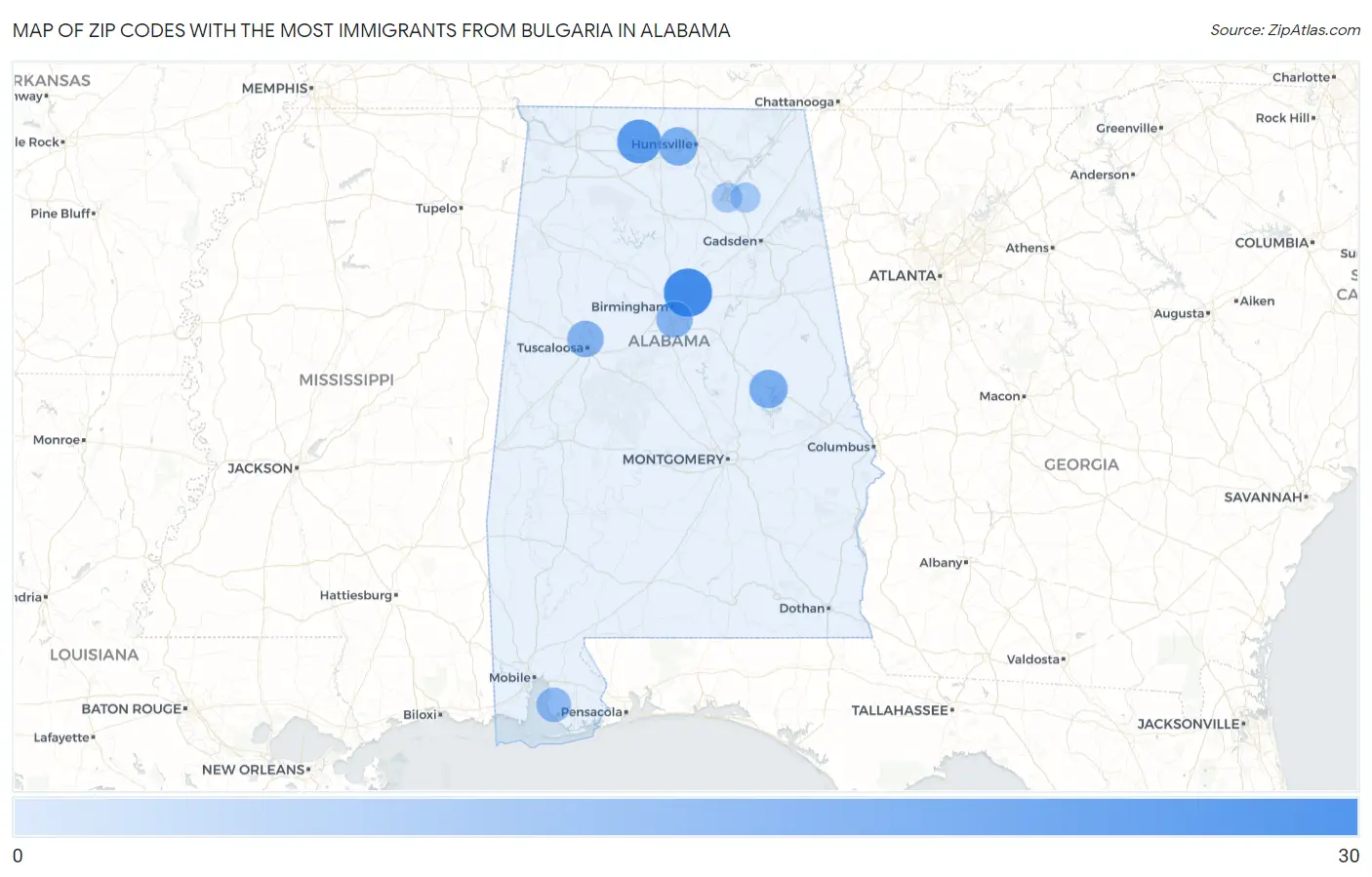 Zip Codes with the Most Immigrants from Bulgaria in Alabama Map
