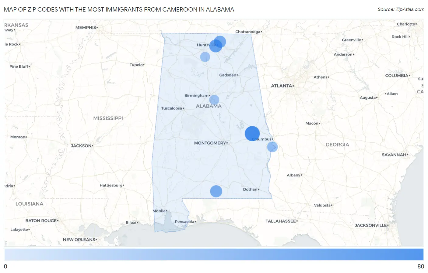 Zip Codes with the Most Immigrants from Cameroon in Alabama Map