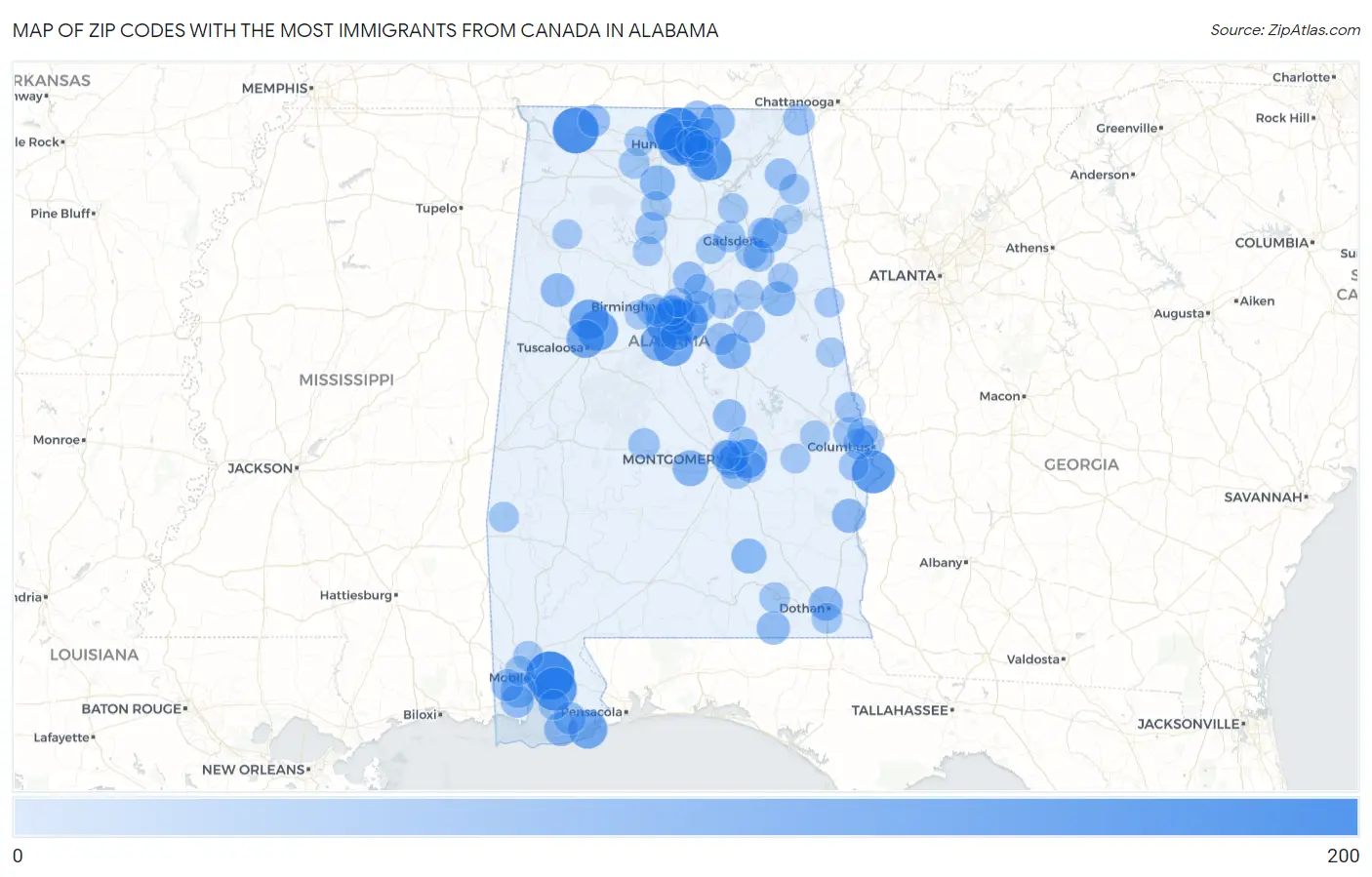 Zip Codes with the Most Immigrants from Canada in Alabama Map