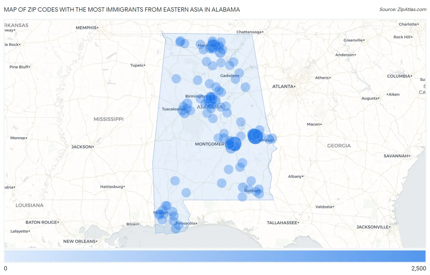 Zip Codes with the Most Immigrants from Eastern Asia in Alabama Map
