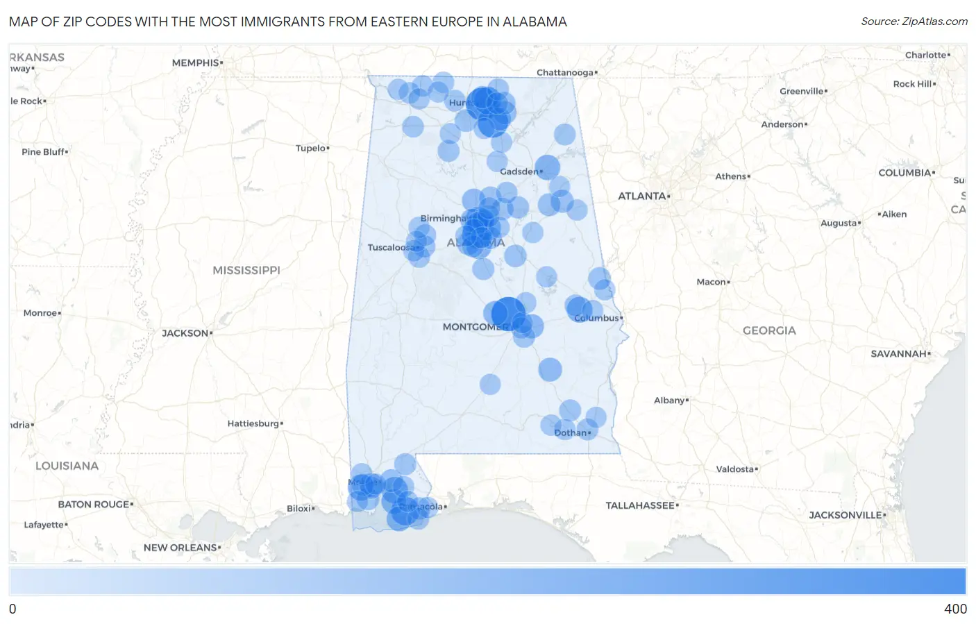 Zip Codes with the Most Immigrants from Eastern Europe in Alabama Map