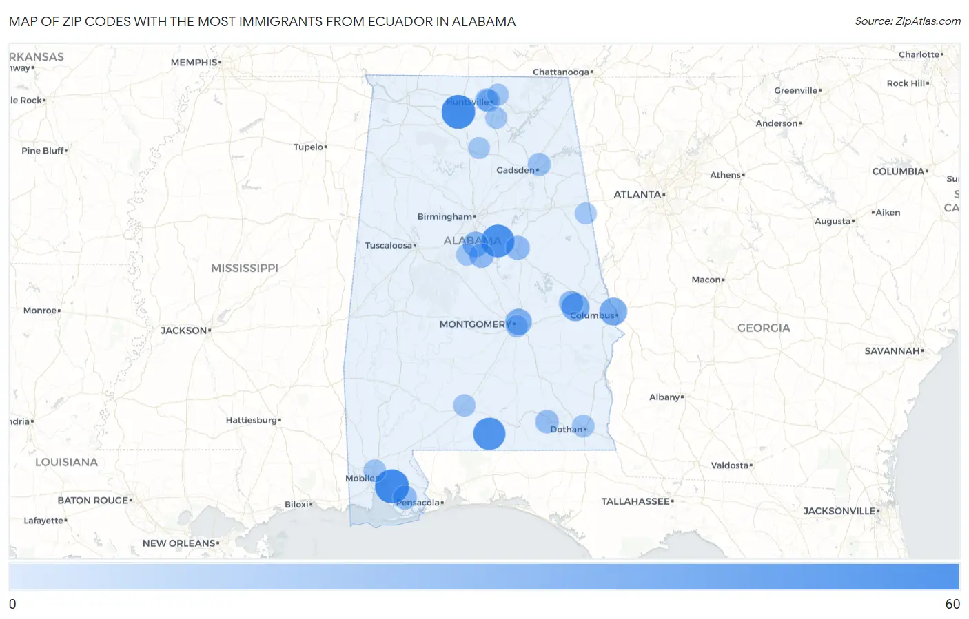 Zip Codes with the Most Immigrants from Ecuador in Alabama Map