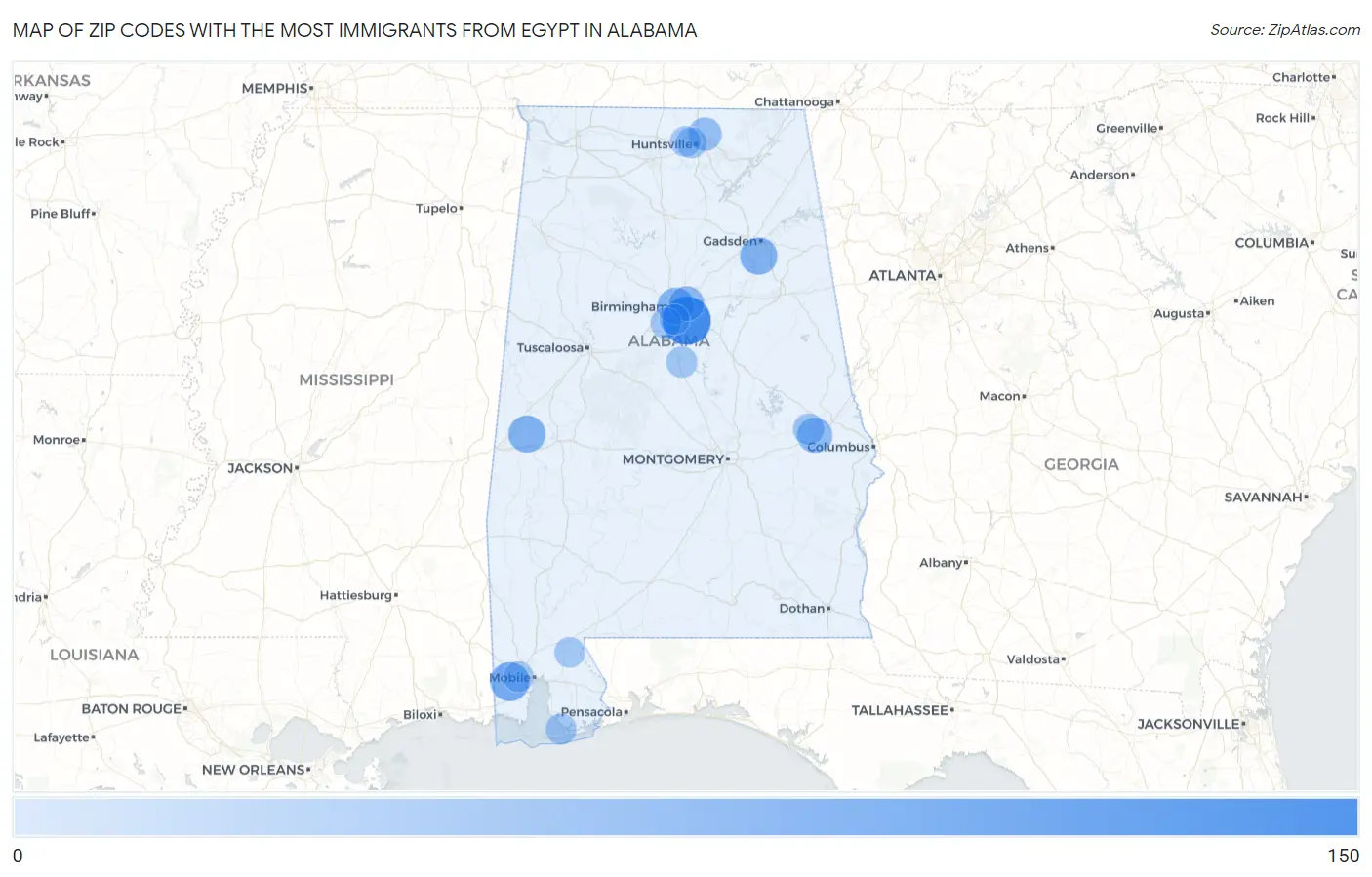 Zip Codes with the Most Immigrants from Egypt in Alabama Map