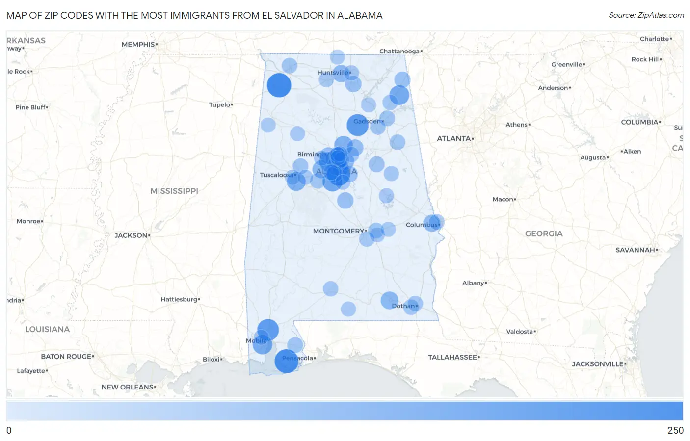 Zip Codes with the Most Immigrants from El Salvador in Alabama Map