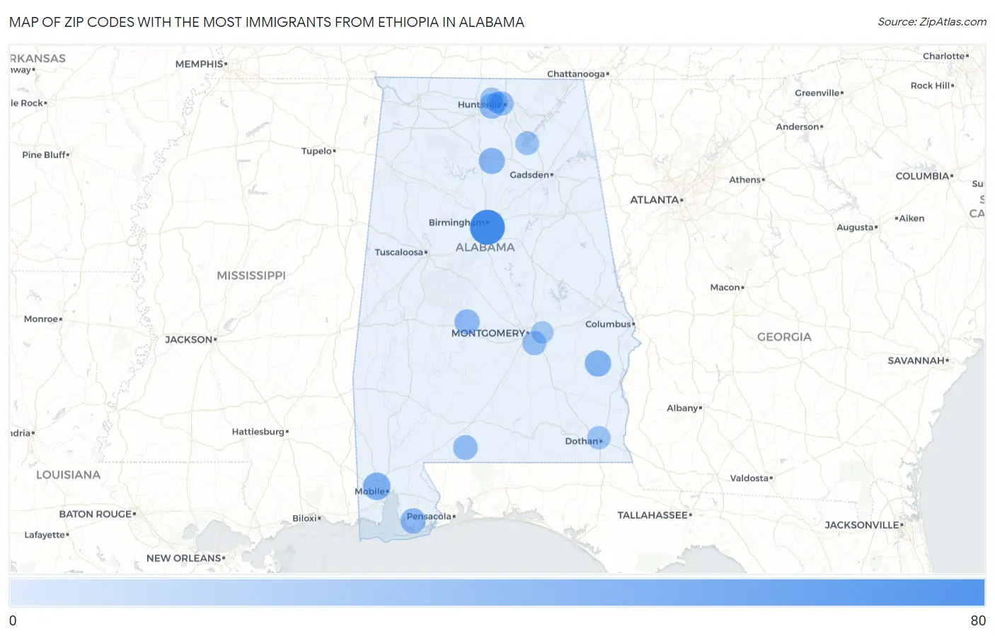 Zip Codes with the Most Immigrants from Ethiopia in Alabama Map