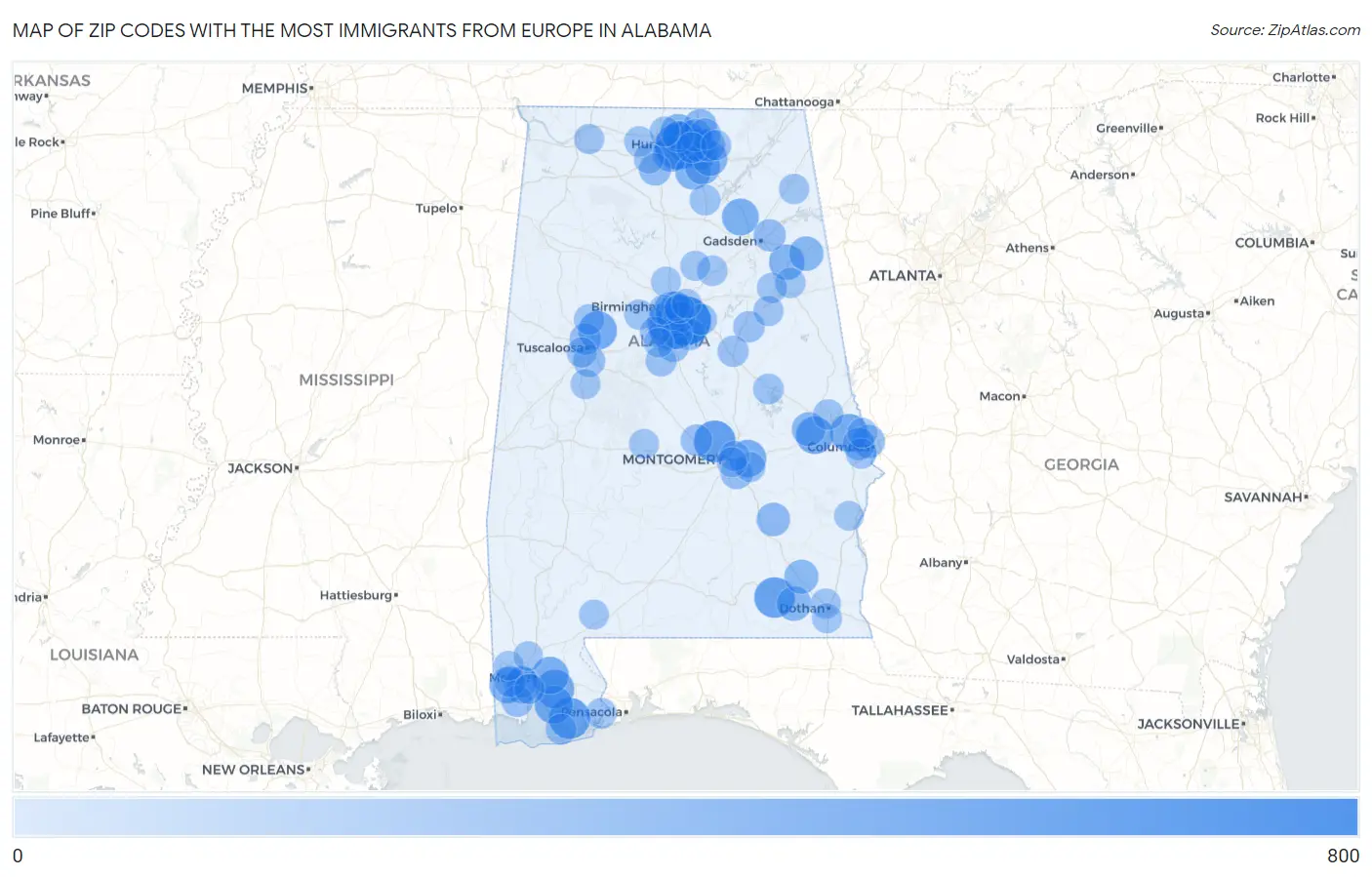 Zip Codes with the Most Immigrants from Europe in Alabama Map