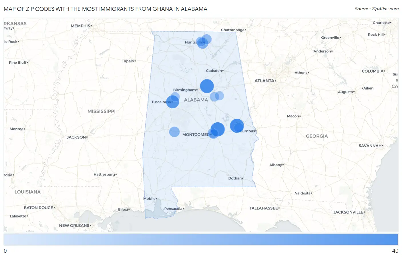 Zip Codes with the Most Immigrants from Ghana in Alabama Map