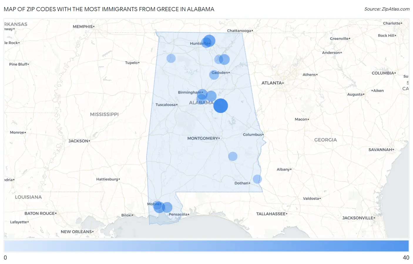 Zip Codes with the Most Immigrants from Greece in Alabama Map