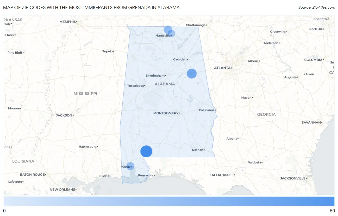 Zip Codes with the Most Immigrants from Grenada in Alabama Map