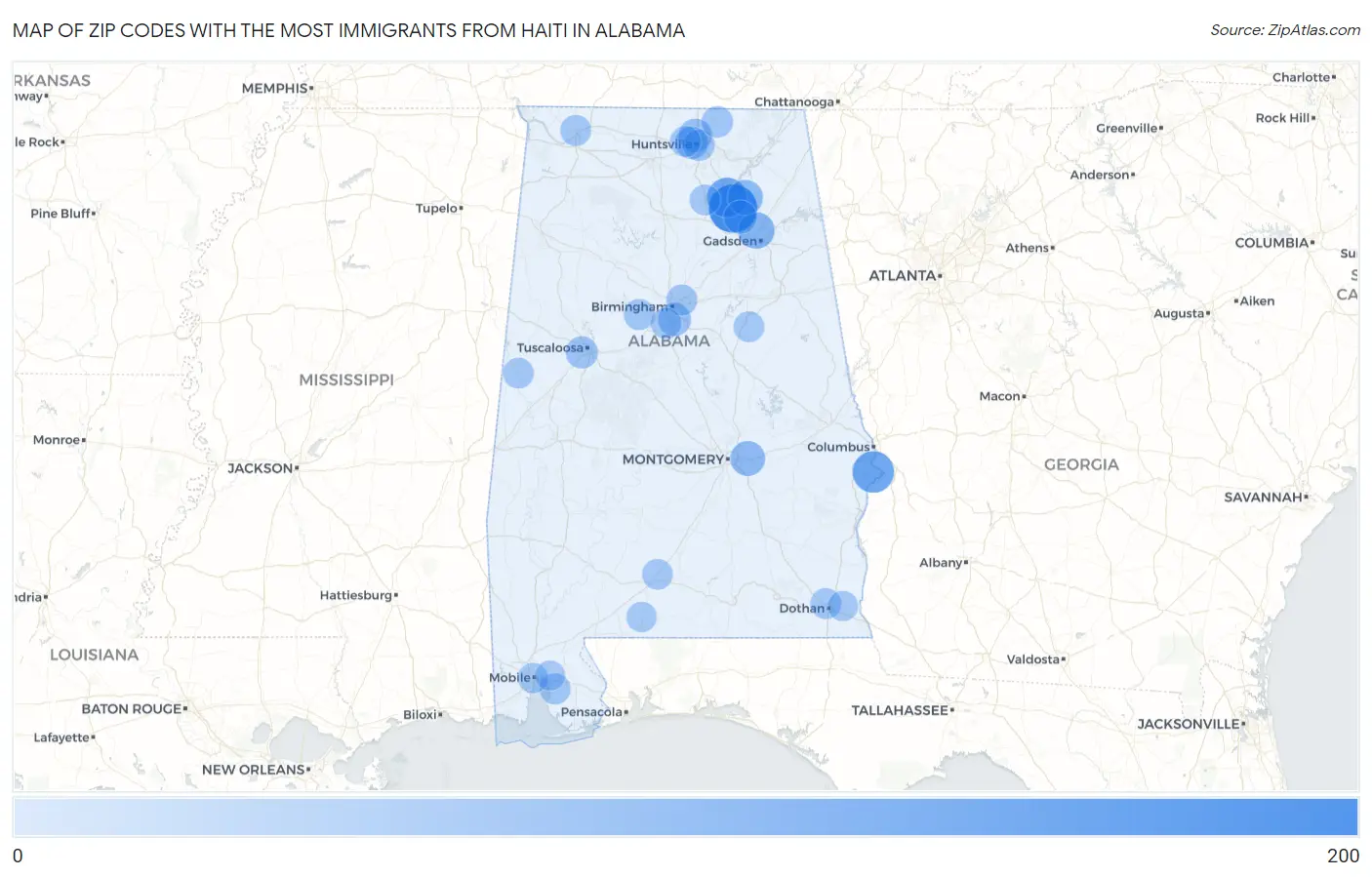 Zip Codes with the Most Immigrants from Haiti in Alabama Map