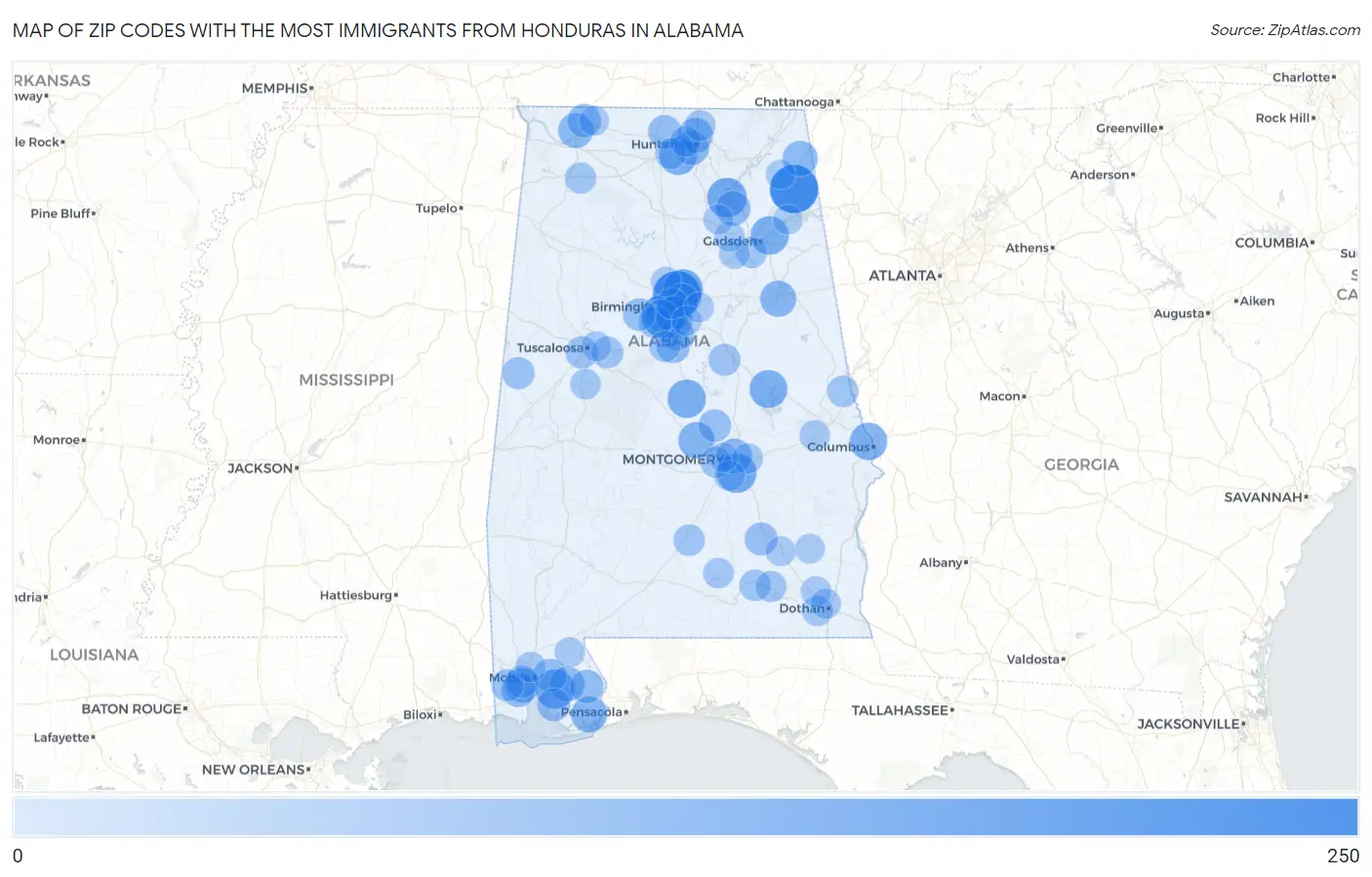 Zip Codes with the Most Immigrants from Honduras in Alabama Map