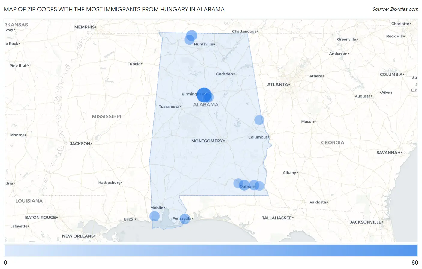 Zip Codes with the Most Immigrants from Hungary in Alabama Map