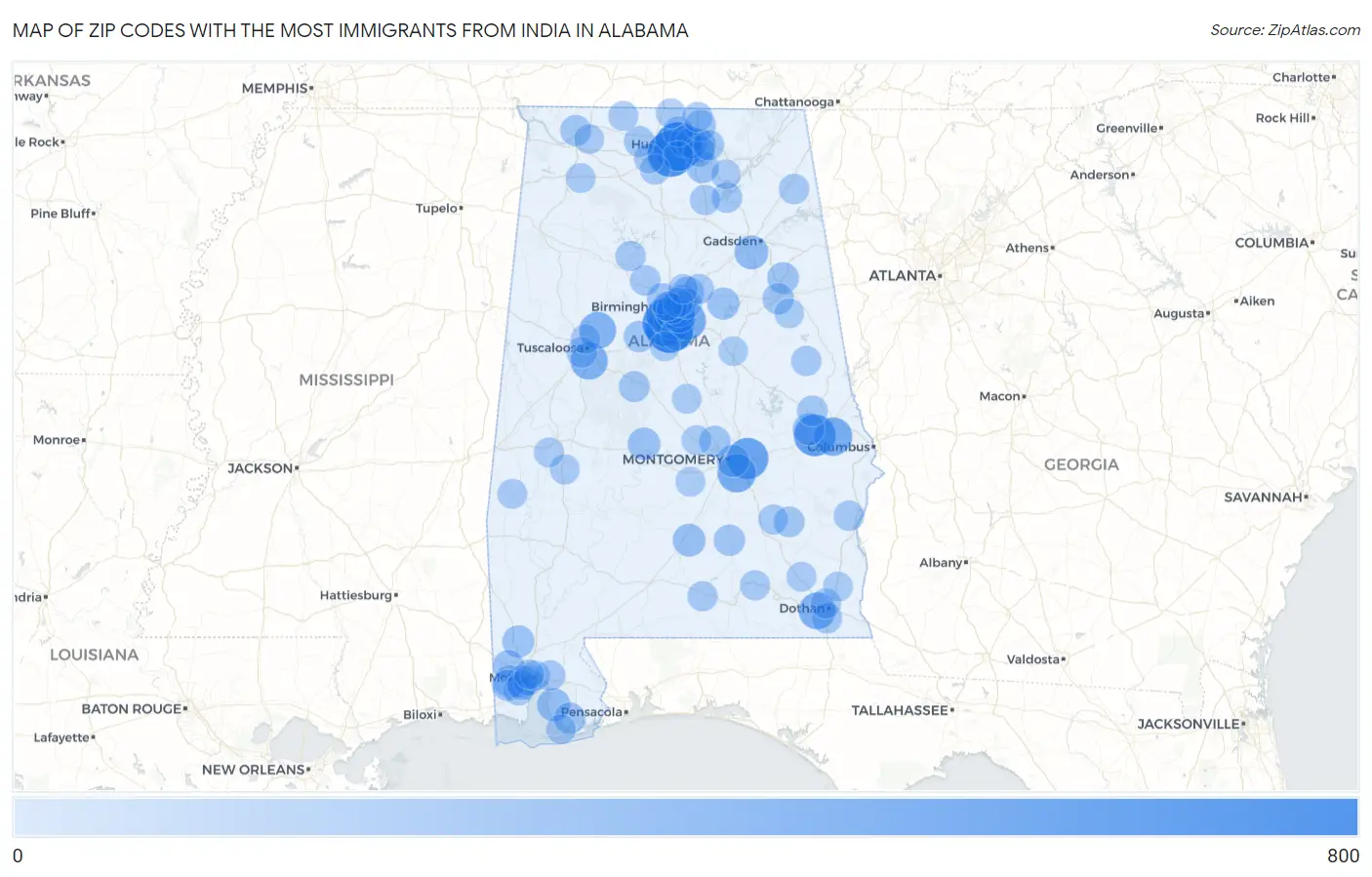 Zip Codes with the Most Immigrants from India in Alabama Map
