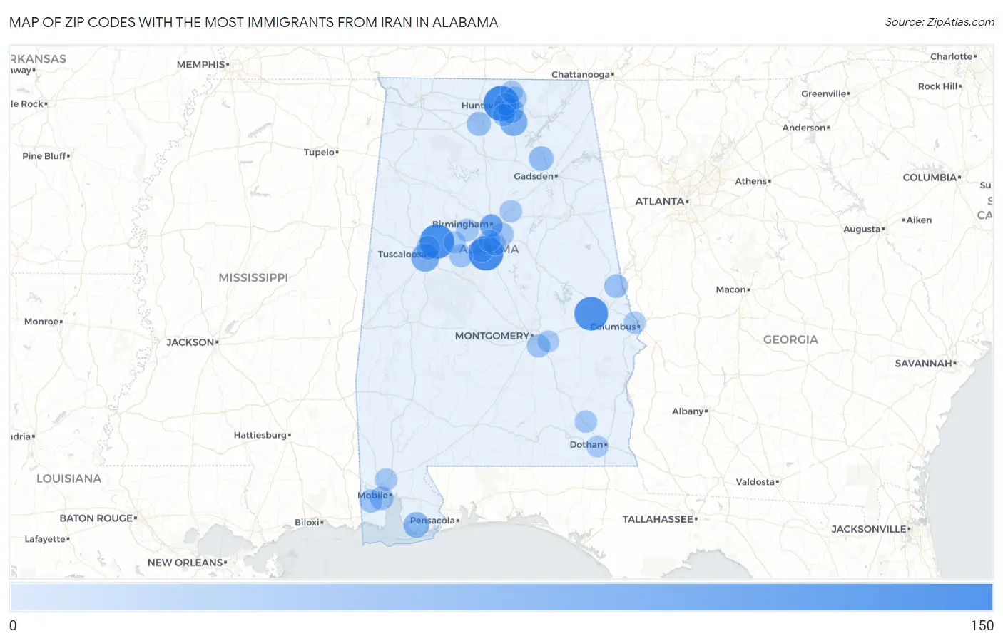 Zip Codes with the Most Immigrants from Iran in Alabama Map