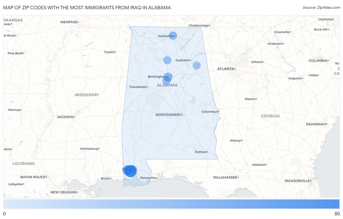 Zip Codes with the Most Immigrants from Iraq in Alabama Map