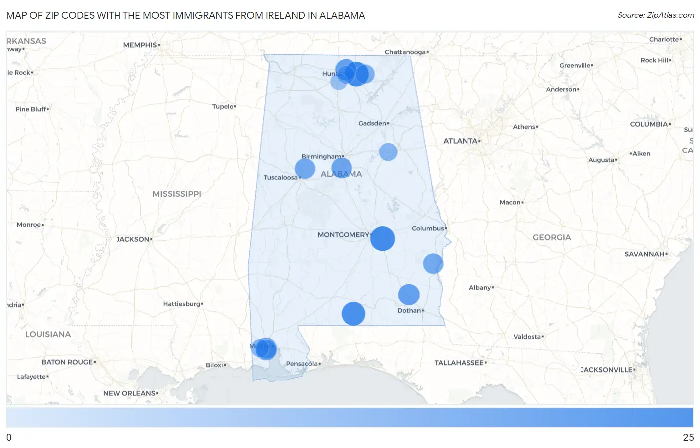 Zip Codes with the Most Immigrants from Ireland in Alabama Map