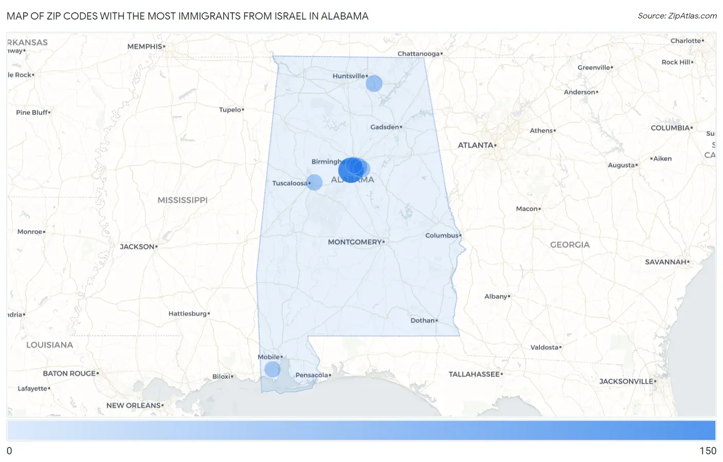 Zip Codes with the Most Immigrants from Israel in Alabama Map